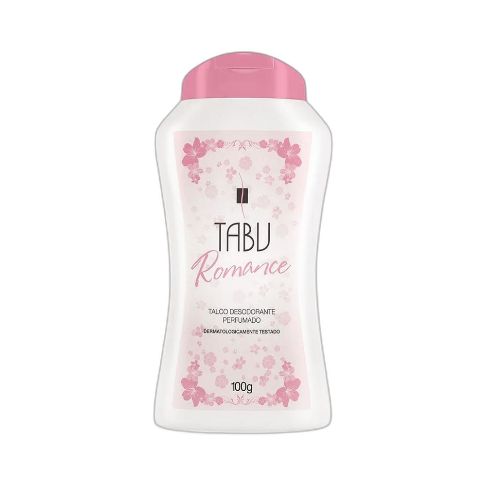 Talco Tabu Romance 100g, embalagem branca com tampa rosa e flores no rótulo